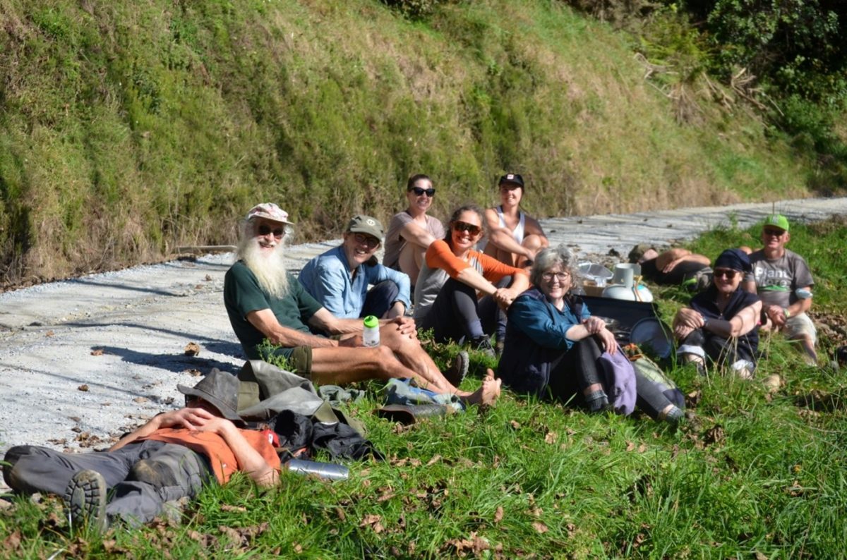 The intrepid track-work group. Chris, Paul, Bronnie, Louise, Bob, Eva, Marie, Garth, Penny, and Axel. Jonathan was behind the camera. Simon was counting trees. Johnny was on his bike somewhere, Mark and Glenda were still on the track, and Ricky and Corina had just left.