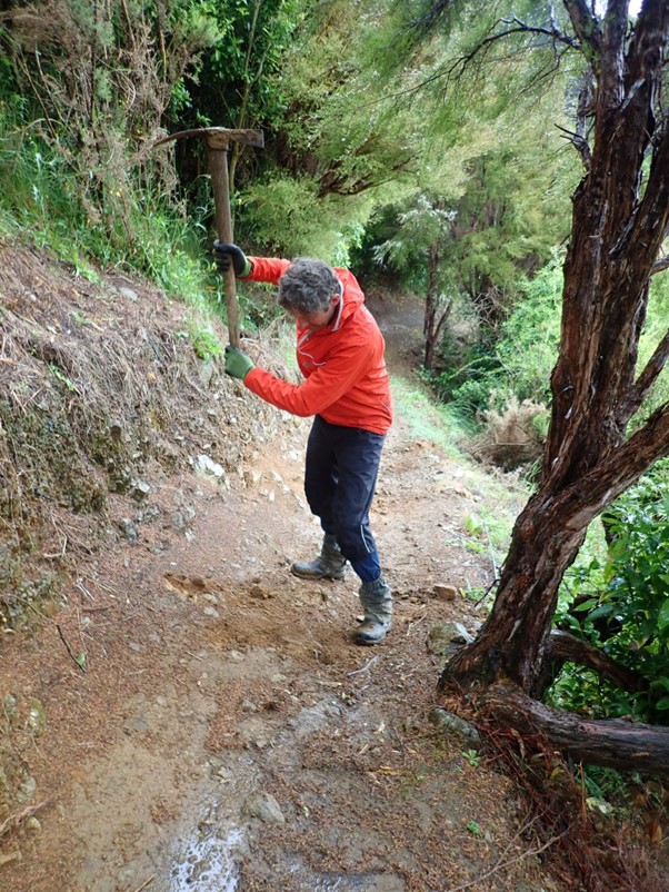Man with grubber raised above his head digging out a rut in a track.